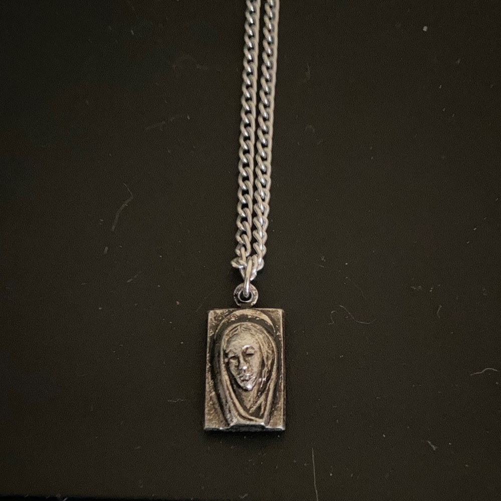 Vintage 70s 1970s religious Silver Catholic Blessed Mother Mary & Jesus Necklace